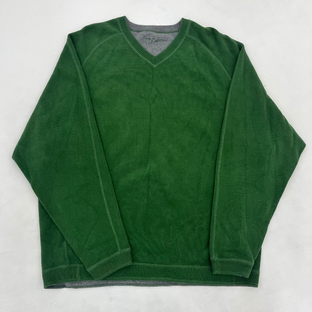 Tommy Bahamas Mens Pullover Sweater Green Gray Knit Reversible V-Neck Ribbed Hem